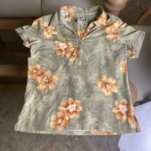 Caribbean Joe‎ Floral Polo Shirt Tropical Print Button Up Top L